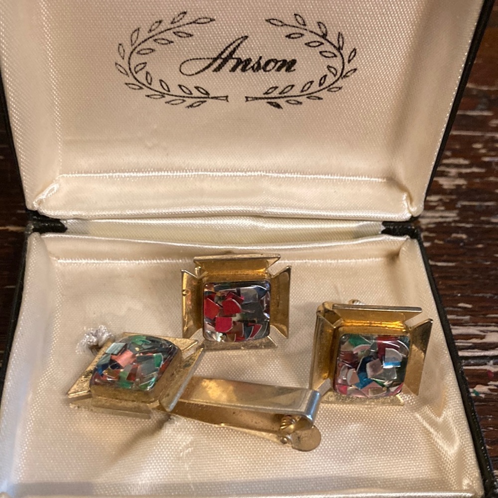 Anson vintage kaleidoscope cuff links and tie clip